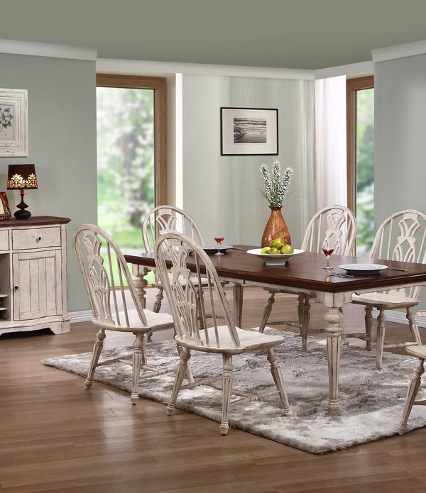 Eight Piece Vintage Cottage White and Brown Hardwood Dining Set