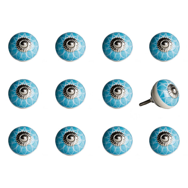 1.5" x 1.5" x 1.5" Ceramic Metal Aqua and White 12 Pack Knob