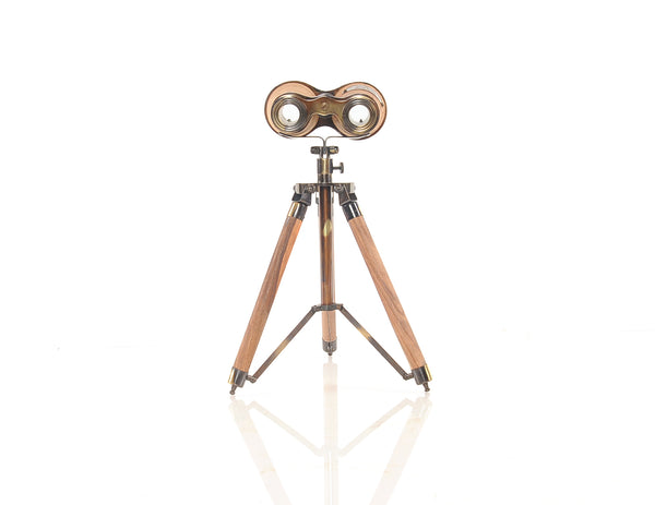 8" x 8" x 11" Wood Brass Binocular On Stand