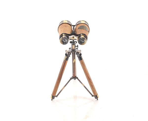 8" x 8" x 11" Wood Brass Binocular On Stand