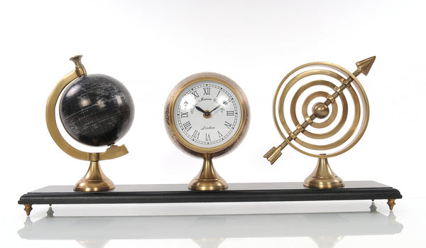 24" x 5.5" x 10.75" Armillery Clock and Globe On Wood Base