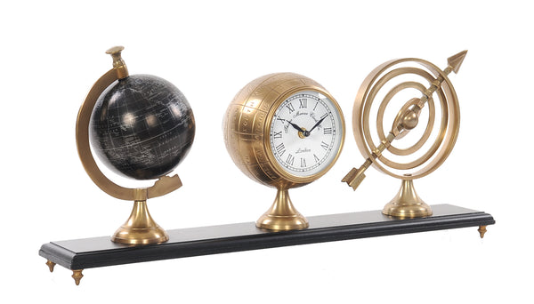 24" x 5.5" x 10.75" Armillery Clock and Globe On Wood Base