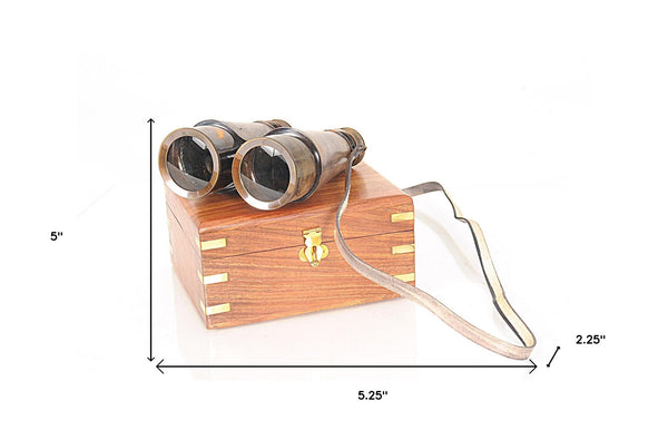 Rustic Brass and Leather Binoculars in Wood Storage Box