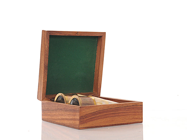 Elegant Brass and Mother of Pearl Binoculars in Wooden Storage Box