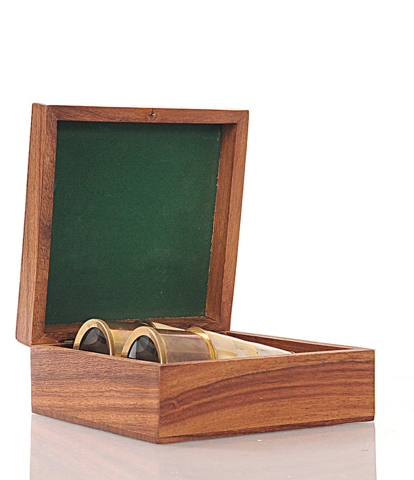 Elegant Brass and Mother of Pearl Binoculars in Wooden Storage Box