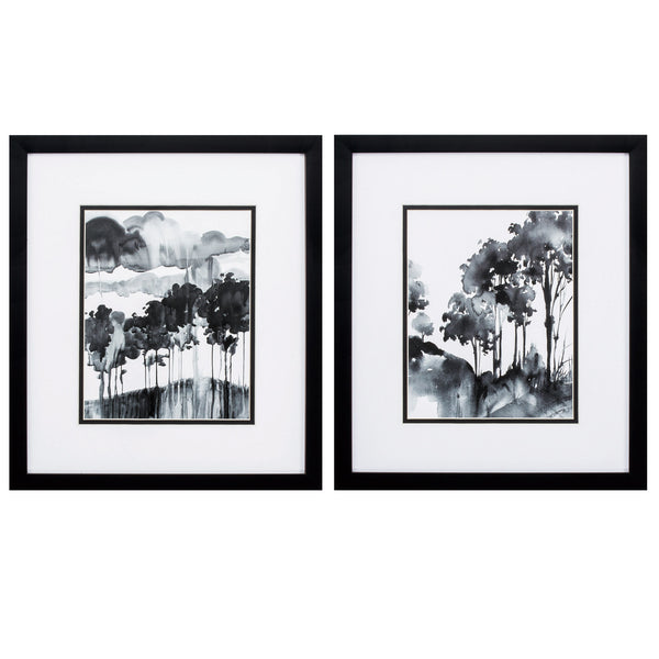 14' X 16' Silver Frame Ink Wash Trees (Set of 2)