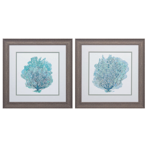 19' X 19' Distressed Wood Toned Frame Teal Coral On White (Set of 2)