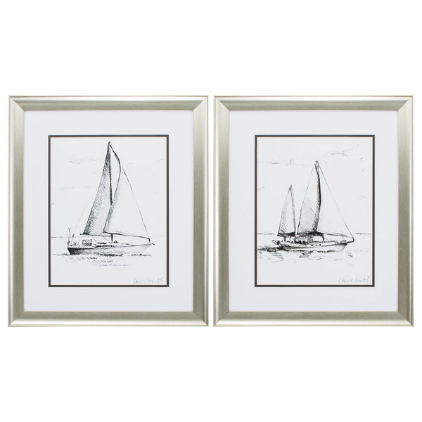 19' X 22' Aged Silver Frame Coastal Boat Sketch (Set of 2)