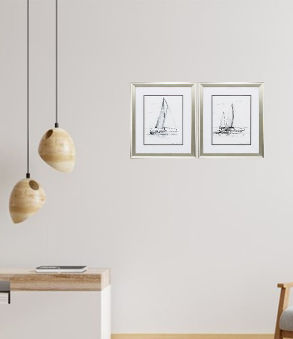 19' X 22' Aged Silver Frame Coastal Boat Sketch (Set of 2)