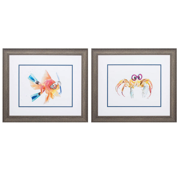 22' X 19' Distressed Wood Toned Frame Fish Crab (Set of 2)