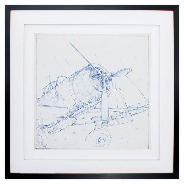 30' X 30' Dark Wood Toned Frame Airplane Sketch I