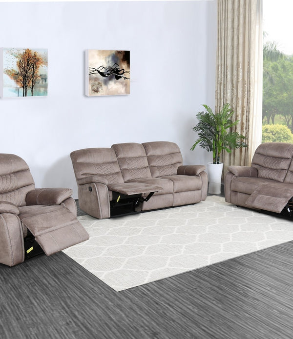 Three Piece Light Brown Microfiber Reclining Sofa Set