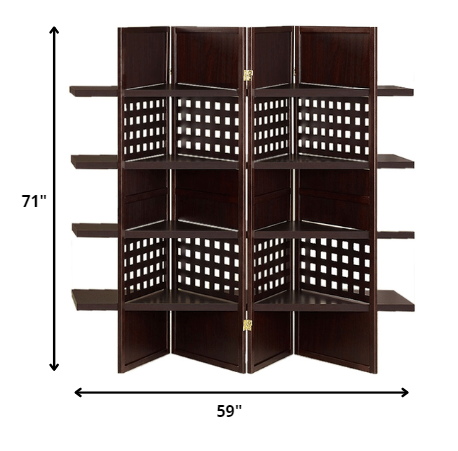 59" x 1" x 71" Brown, Wood, 4 Panel, Shelf Display Screen