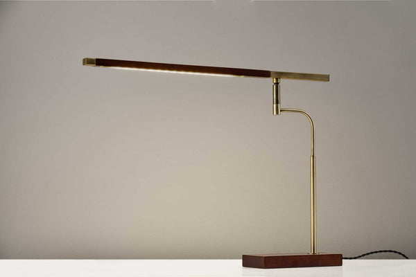 Walnut Wood Finish and Antique Brass Metal Adjustable LED Desk Lamp with USB Port