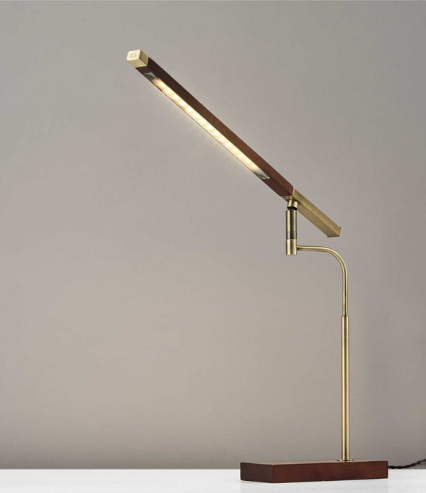 Walnut Wood Finish and Antique Brass Metal Adjustable LED Desk Lamp with USB Port