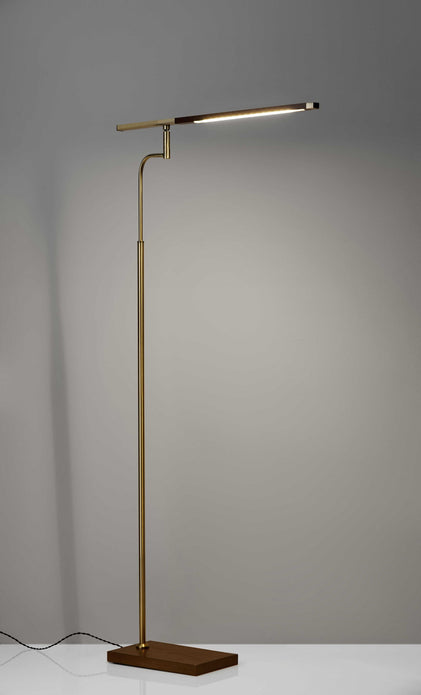 Thin Silhouette Adjustable LED Floor Lamp with Walnut Wood Finish and Antique Brass Accents