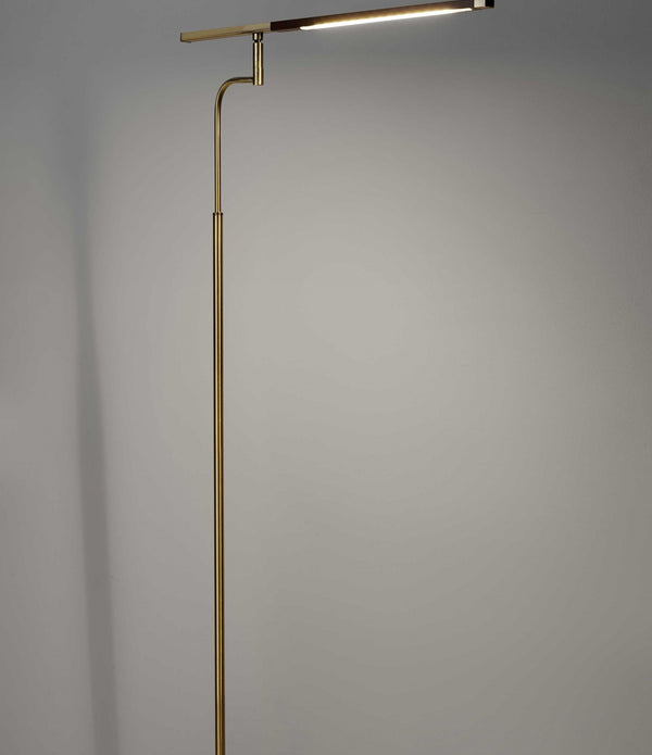 Thin Silhouette Adjustable LED Floor Lamp with Walnut Wood Finish and Antique Brass Accents