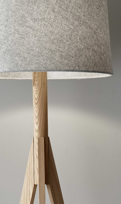 Natural Wood Floor Lamp with Tripod Base and Grey Felt Tapered Drum Shade