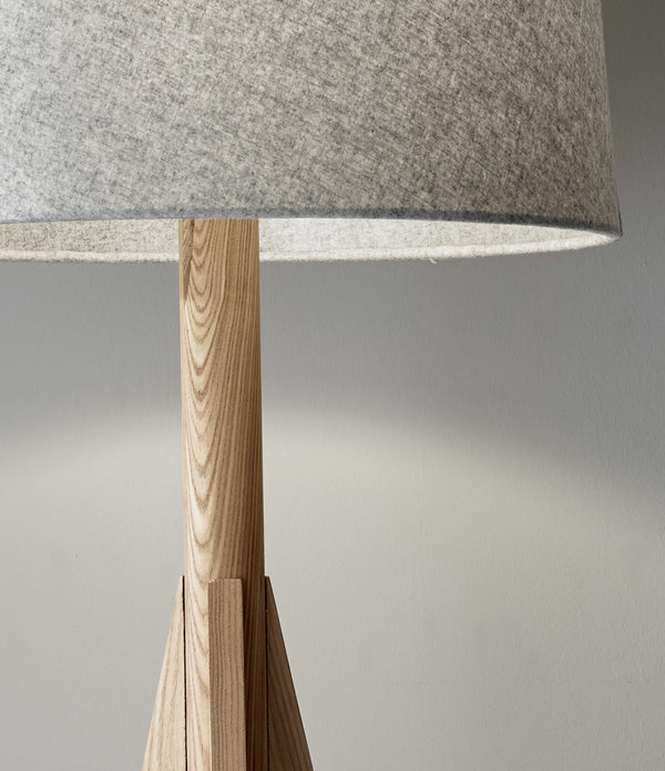 Natural Wood Floor Lamp with Tripod Base and Grey Felt Tapered Drum Shade