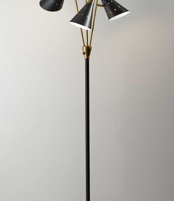 Black Metal Floor Lamp with Three Adjustable Antique Brass Accented Cone Shades