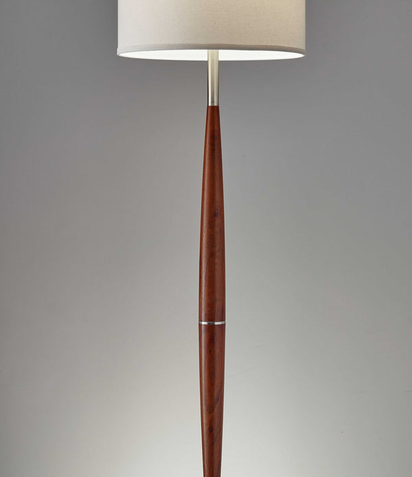 Elliptical Shape Walnut Wood Finish Floor Lamp with Satin Steel Accents and White Fabric Drum Shade