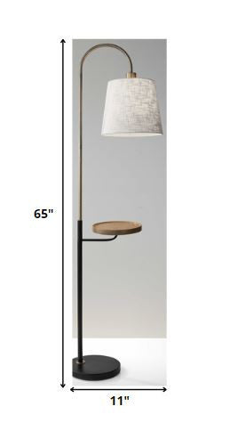 Antique Brass And Black Metal Floor Lamp With USB Charging Station Wood Shelf