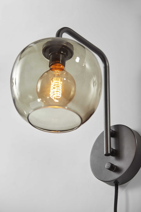 Smoked Glass Globe Shade with Vintage Edison Bulb and Matte Black Metal Wall Lamp