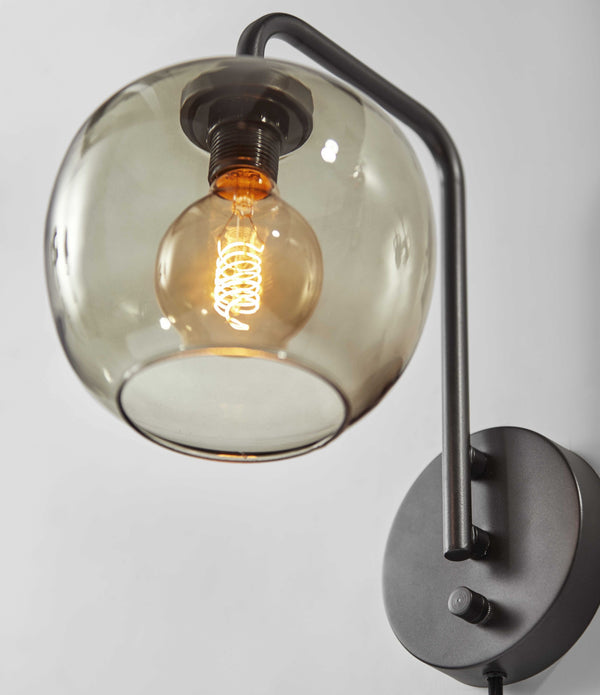 Smoked Glass Globe Shade with Vintage Edison Bulb and Matte Black Metal Wall Lamp