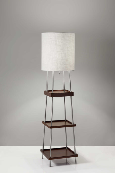 Walnut Wood Metal Shelf Floor Lamp with Charging Station