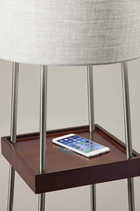 Walnut Wood Metal Shelf Floor Lamp with Charging Station