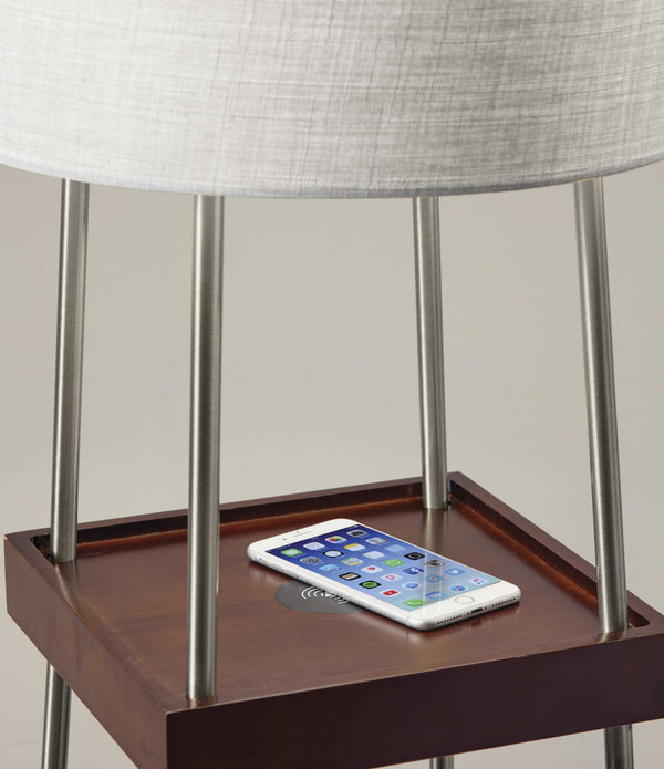 Walnut Wood Metal Shelf Floor Lamp with Charging Station