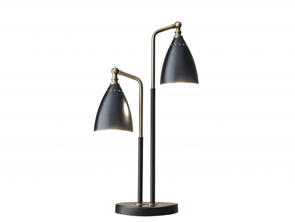 Matte Black Metal and Antique Brass Two Light Adjustable Table Lamp