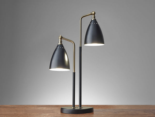 Matte Black Metal and Antique Brass Two Light Adjustable Table Lamp