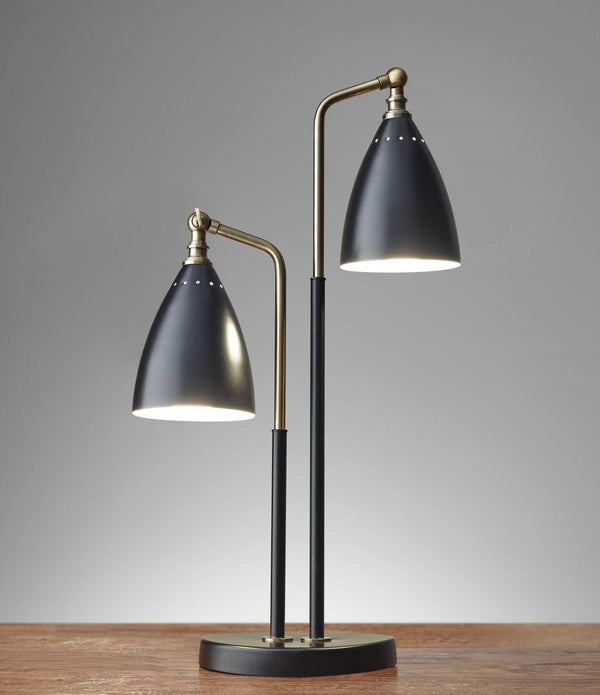 Matte Black Metal and Antique Brass Two Light Adjustable Table Lamp