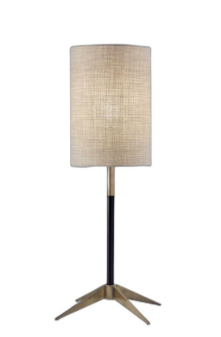 Antique Brass Metal Tripod Base with Matte Black Accent and Tall Natural Fabric Shade Table Lamp