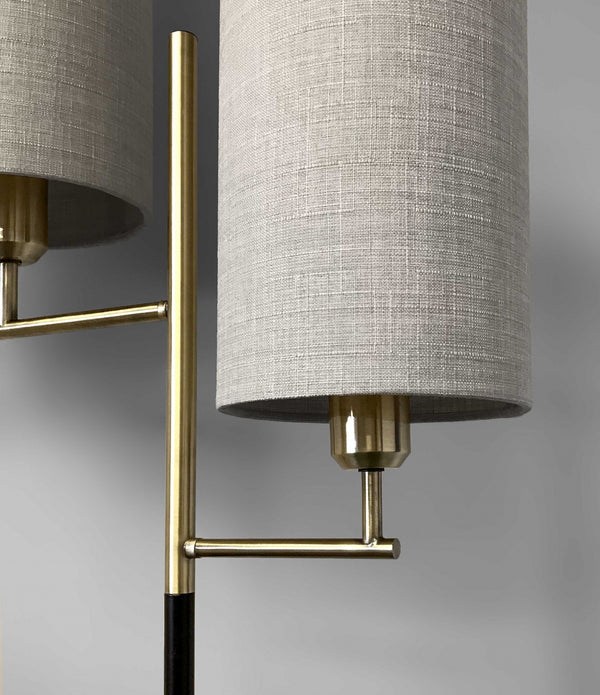 Two Light Floor Lamp Antique Brass Metal Tripod Base with Matte Black Accent and Tall Natural Fabric Shade