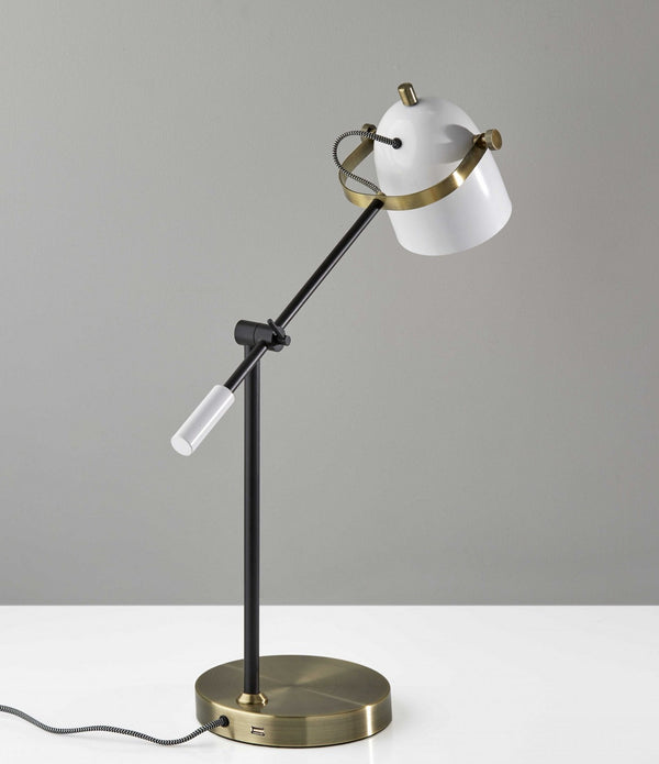 White Metal Adjustable Arm and Shade USB Port Desk Lamp