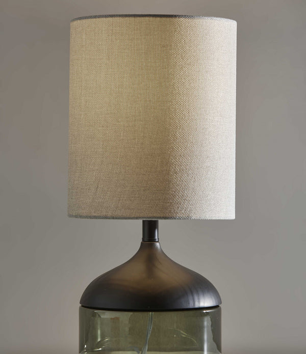 Petite Black Wood Smoked Glass Base with Lightly Textured Round Shade Table Lamp