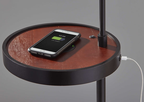 Matte Black Metal Floor Lamp With Wireless Charging Task Shelf