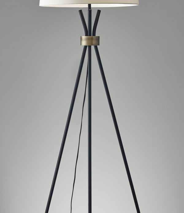 Black Metal Tripod Leg Floor Lamp with Antique Brass Accent