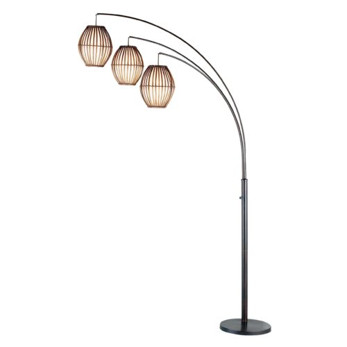 Three Light Arc Lamp in Bronze Metal with Brown Cane Barrel Shape Lanterns