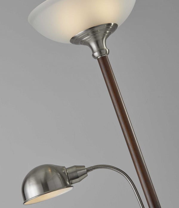 Two Light Combo Floor Lamp Wood Brushed Steel Torchiere with Frosted Glass Dome Shade and Reading Light with Brushed Steel Dome Shade