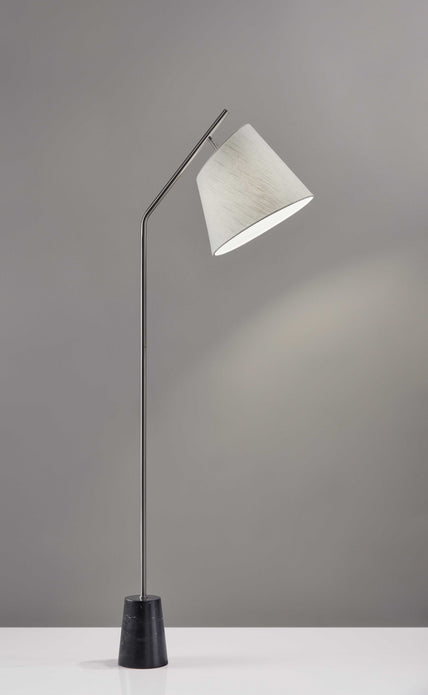 Brushed Steel Floor Lamp Black Marble Block Base and Angled White Linen Shade