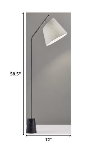 Brushed Steel Floor Lamp Black Marble Block Base and Angled White Linen Shade