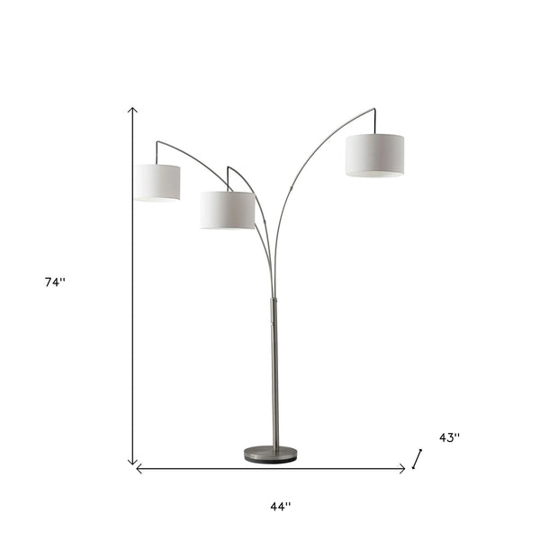 Three Light Brushed Steel Metal Arc Floor Lamp with Suspended White Drum Shades