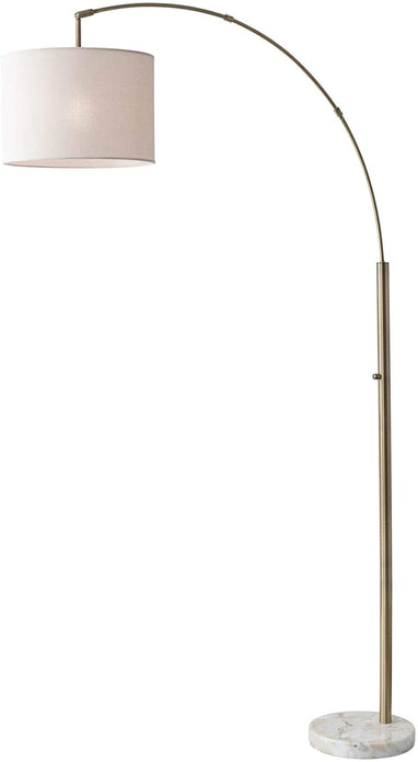 Reading Nook Floor Lamp Antique Brass Arc Arm Adjustable Off White Fabric Shade