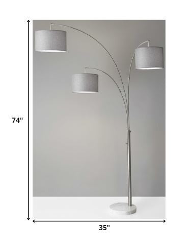 Three Light Floor Lamp Brushed Steel Metal Arc Arms