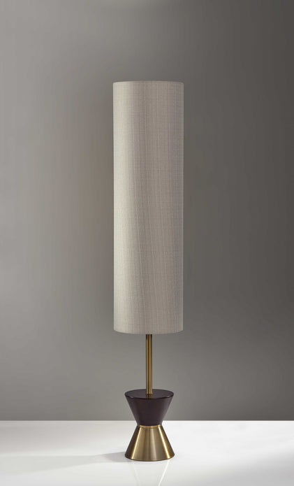 Brass Wood Diabolo Floor Lamp with Tall Textured Beige Shade