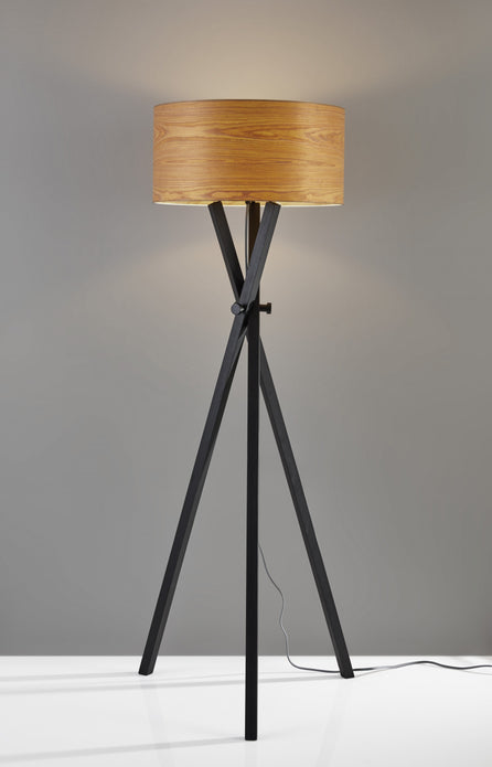 Architectonic Black Wood Tripod Floor Lamp with Rustic Wood Grain Shade