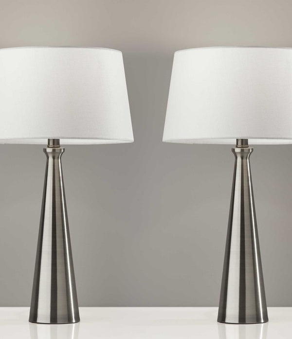 Set of 2 Contemporary Tapered Brushed Steel Metal Table Lamps